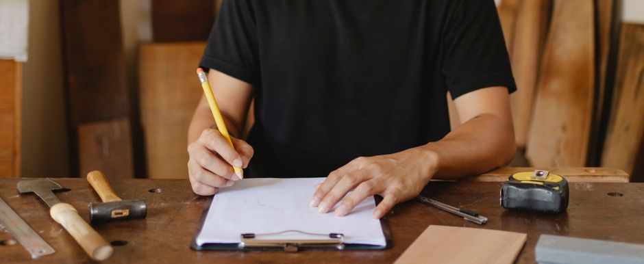 a woodworker holding a pencil over a clipboard
