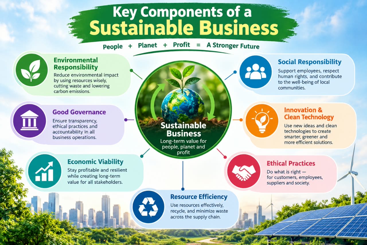 Key Components of a Sustainable Business Key Components of a Sustainable Business: Environmental Responsibility, Social Responsibility, Good Governance, Economic Viability, Ethical Practices, Innovation, and Resource Efficiency.