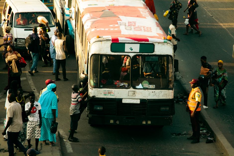 A bustling street in Lagos, Nigeria, capturing daily life and transportation activities.