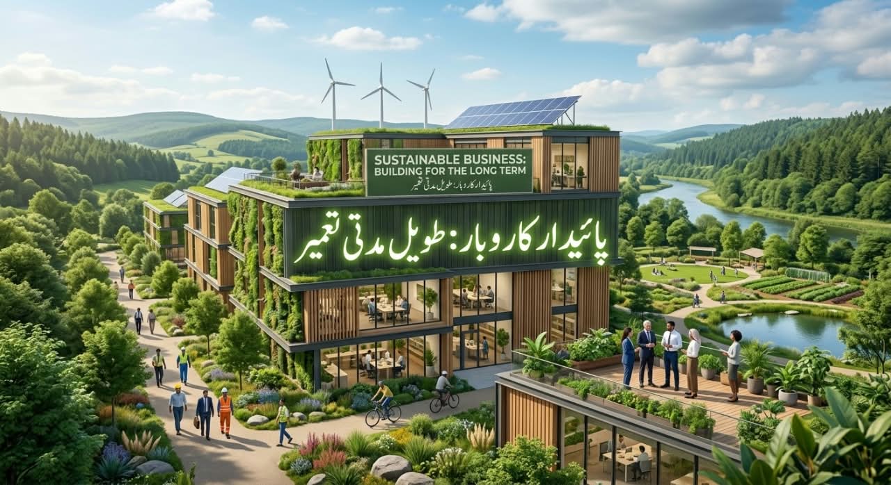 Sustainable Business Building for the Long Term Modern eco friendly office building with solar panels, wind turbines, and green architecture for sustainable business