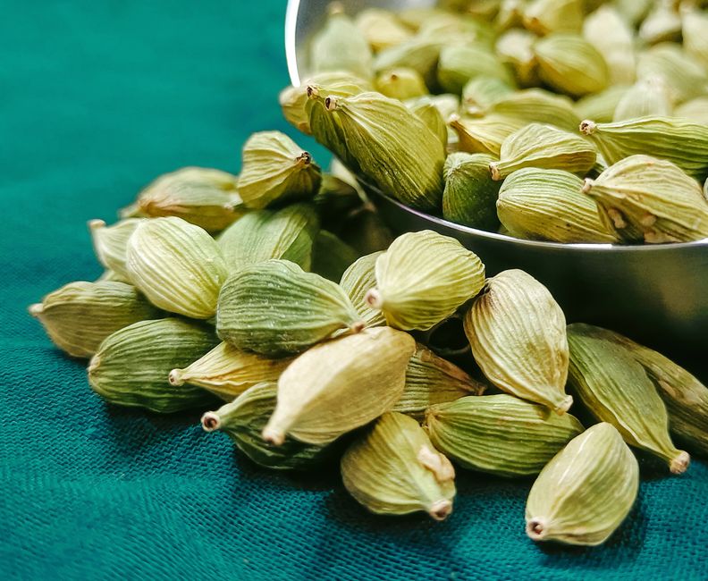 A detailed close-up of fresh organic green cardamom pods on a textured surface.