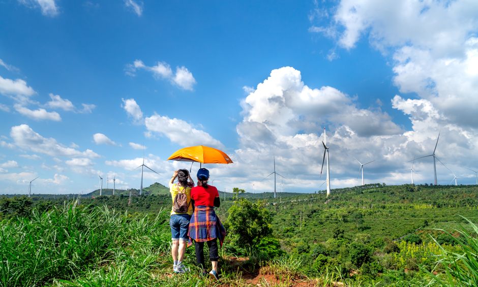 Two people under an umbrella view wind turbines on a sunny rural hillside.