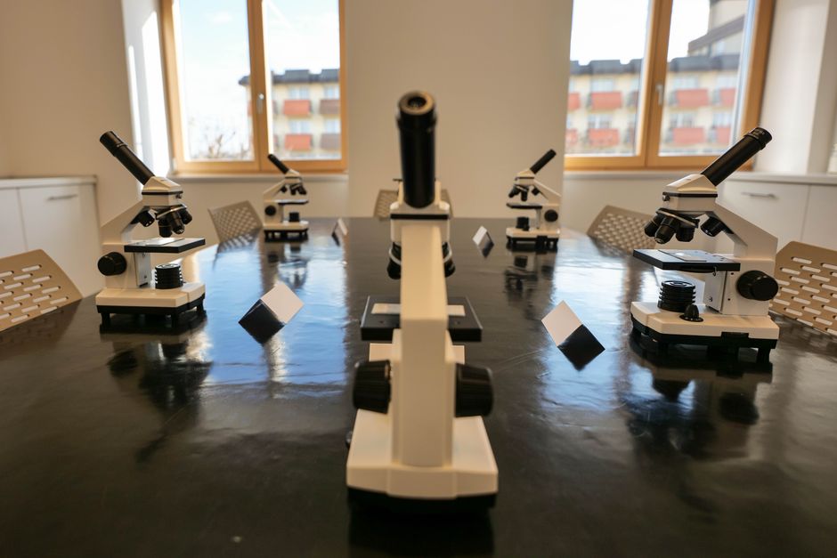 A classroom with microscopes on a black table, ready for scientific study.