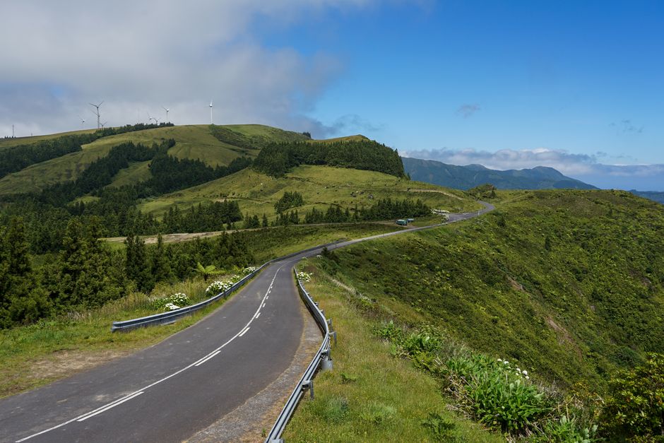 A winding road cuts through verdant hills with wind turbines and trees under a clear blue sky.