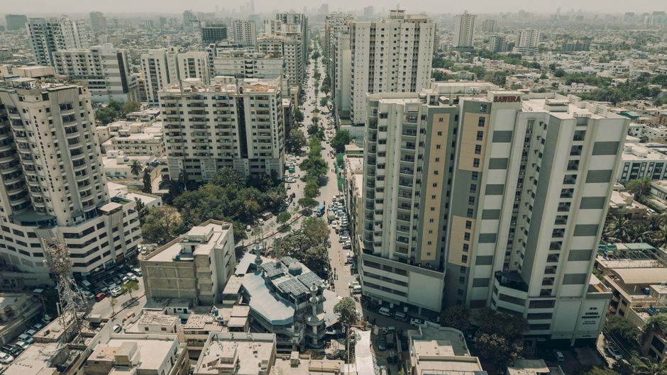Explore the dynamic skyline of Karachi with its high-rise buildings and vibrant city planning.