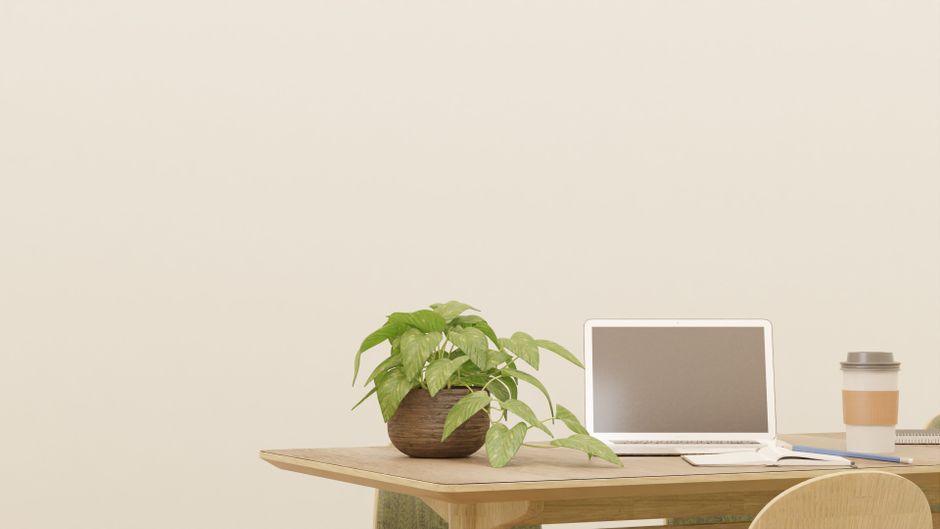 A serene minimalist desktop setup with a laptop, coffee cup, and plant on a wooden table.