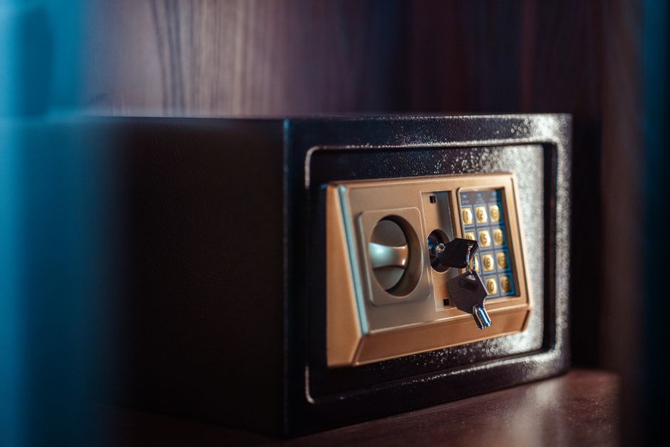 Close-up image of an electronic safe with a key in Baghdad, Iraq.