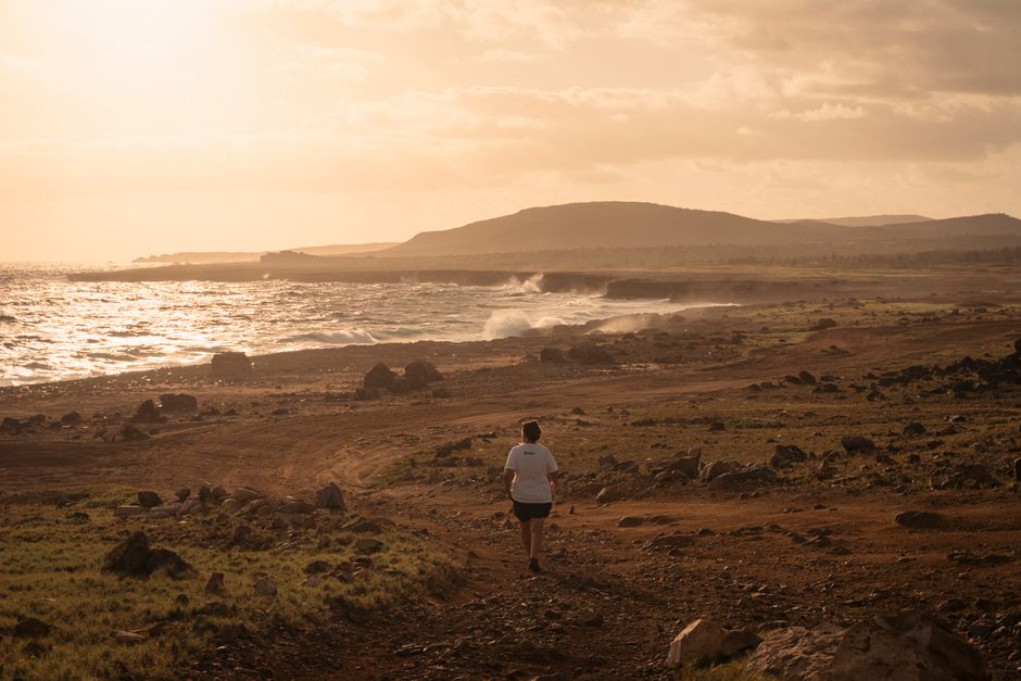 A person walking alone on a rocky coastal path with the ocean waves crashing at sunset.