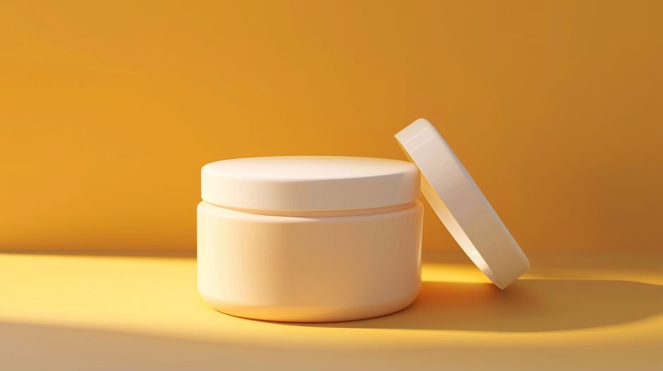 A clean and simple cream jar with a lid on a bright yellow background, perfect for product or beauty themes.