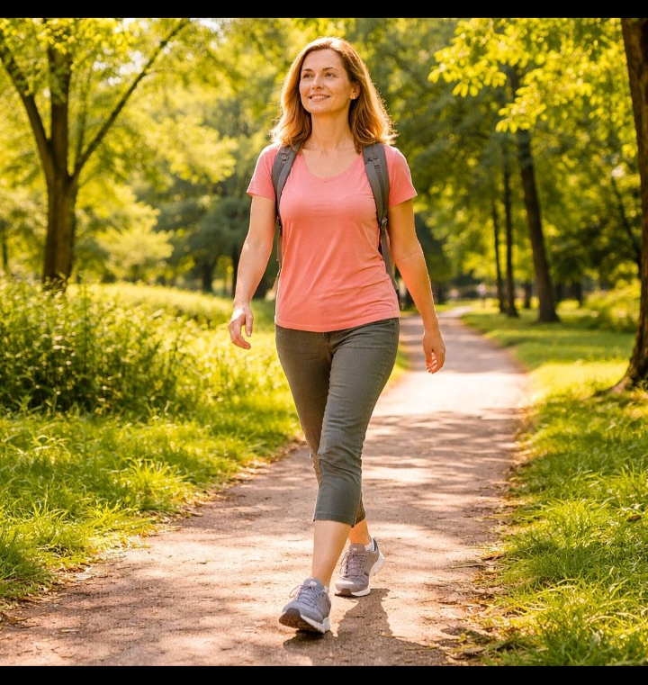 A person walking outdoors in a green park, showing how regular walking can support physical health, improve mood, and promote an active lifestyle.