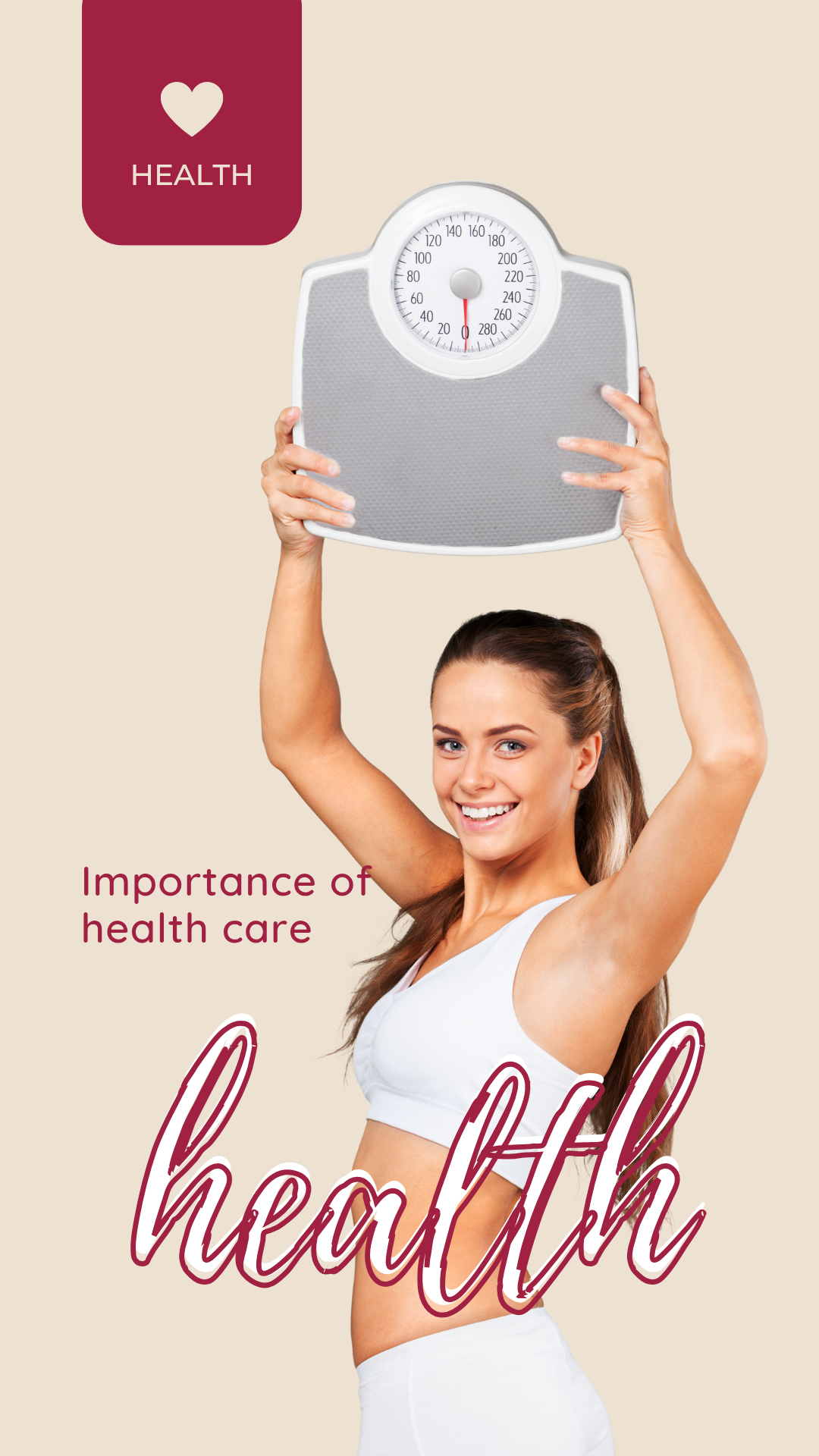 A young woman is holding a board with the word “HEALTH” written on it. The picture represents the importance of a healthy lifestyle, including regular exercise, nutritious food, good sleep, personal hygiene, and mental well-being.