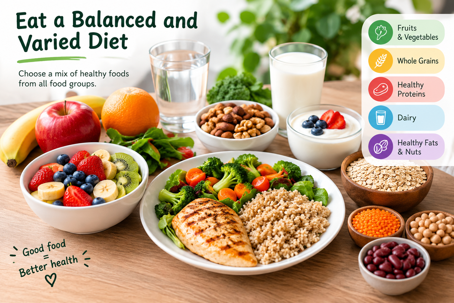 This image shows a variety of healthy foods, including fresh fruits, vegetables, whole grains, grilled chicken, milk, yogurt, beans, and nuts. These foods provide different nutrients that help support growth, energy, and overall health. Eating a variety of foods from different food groups is an important part of a balanced diet.
