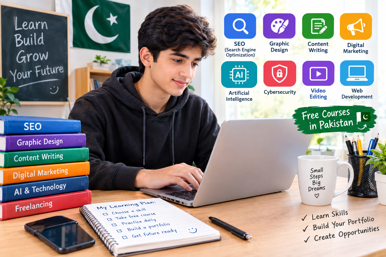 A young student is learning on a laptop at a desk surrounded by books, a notebook, and a smartphone. The image highlights digital skills such as SEO, graphic design, content writing, digital marketing, artificial intelligence, cybersecurity, and web development. It encourages students to learn new skills and prepare for future opportunities.