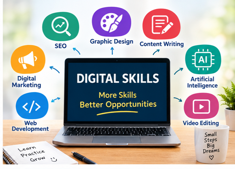 A laptop is surrounded by colourful icons representing SEO, graphic design, content writing, digital marketing, artificial intelligence, video editing, and web development. The image explains that digital skills cover many different fields and can help learners discover areas that match their interests