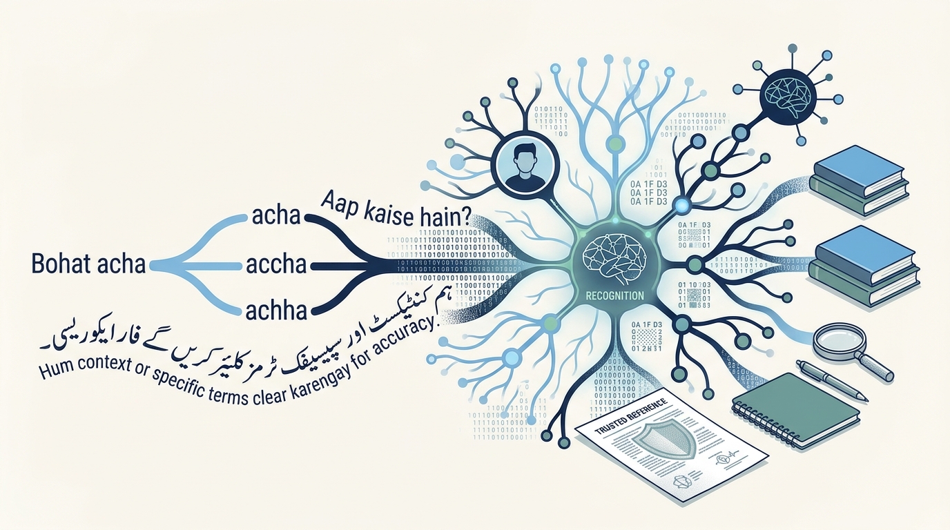 Illustration of AI language processing showing Roman Urdu spelling variations and mixed-language text entering a neural network.