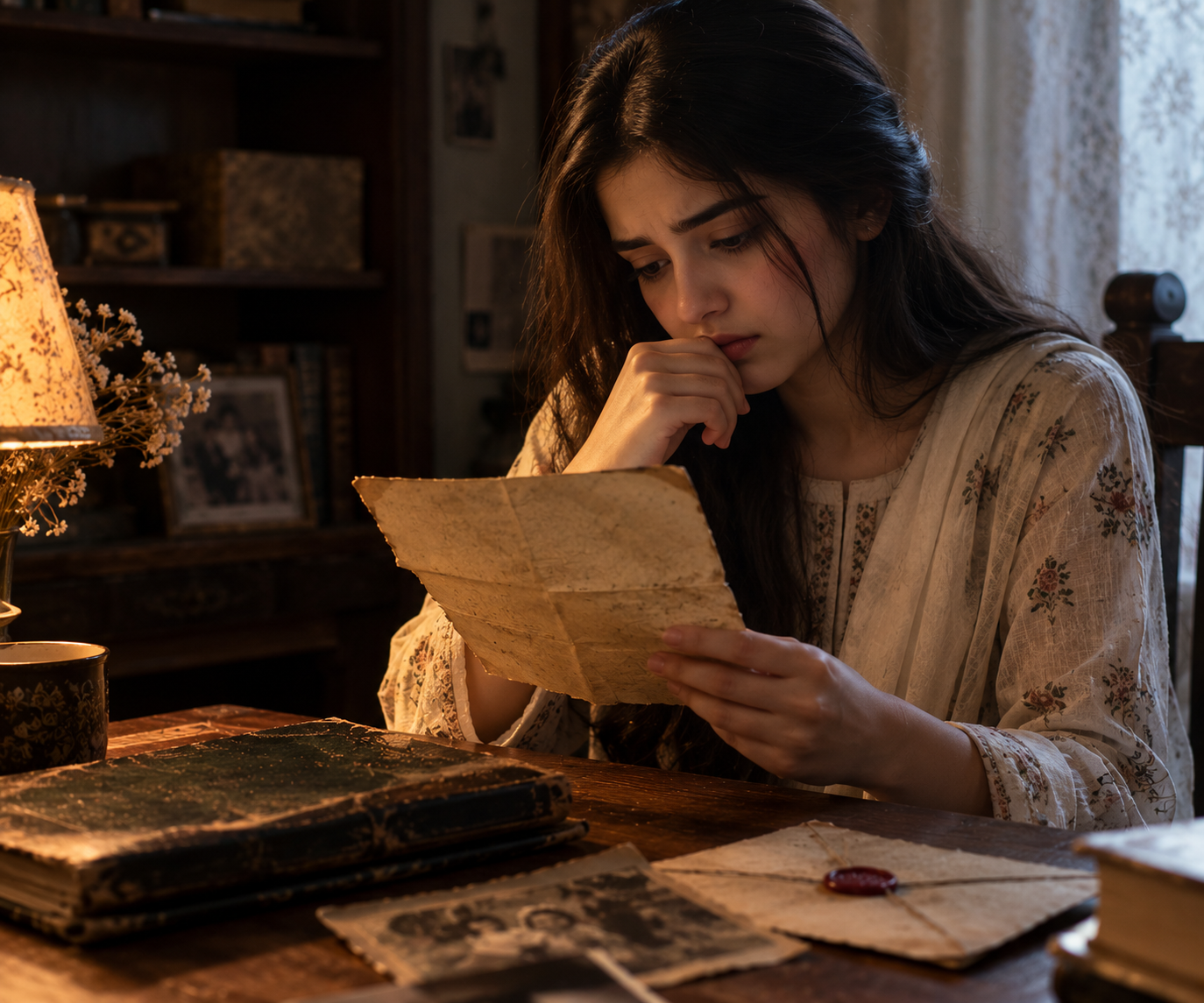 A young woman sits surrounded by old books and faded photographs, carefully reading a forgotten letter that may reveal a long-hidden family truth.